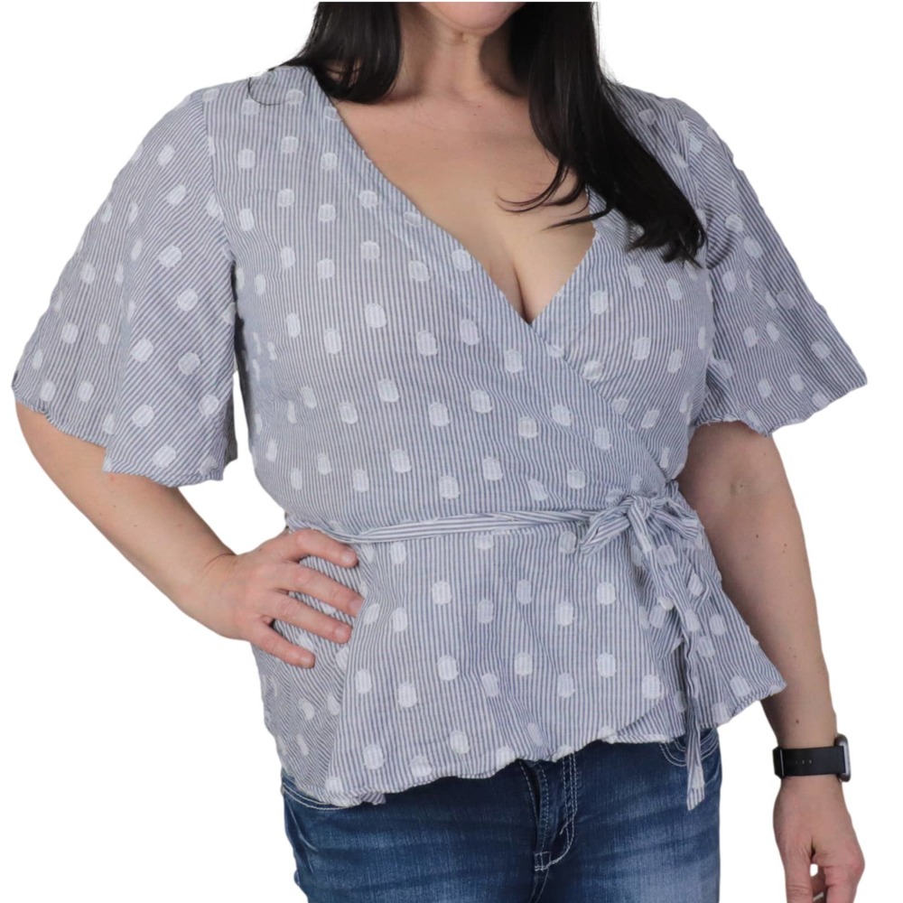 LOFT Polka Dot Stripped Peplum Wrap Top